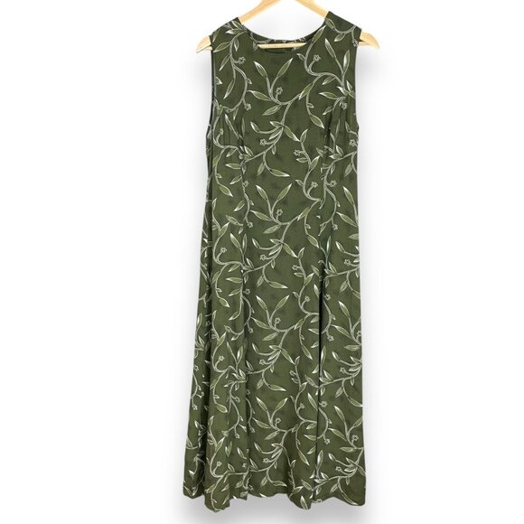 Vintage 90s Dress Green Leafy Floral Momcore Rayon Sleeveless Tie Waist Green - Picture 1 of 15